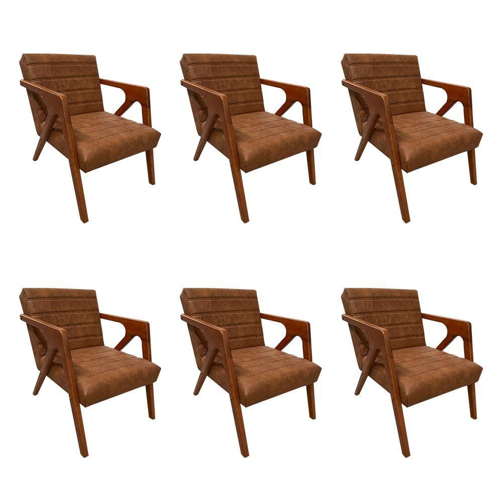 Kit 6 Poltronas para Consultório Decorativa Ísis Couríssimo Marrom Pés em Madeira Maciça
