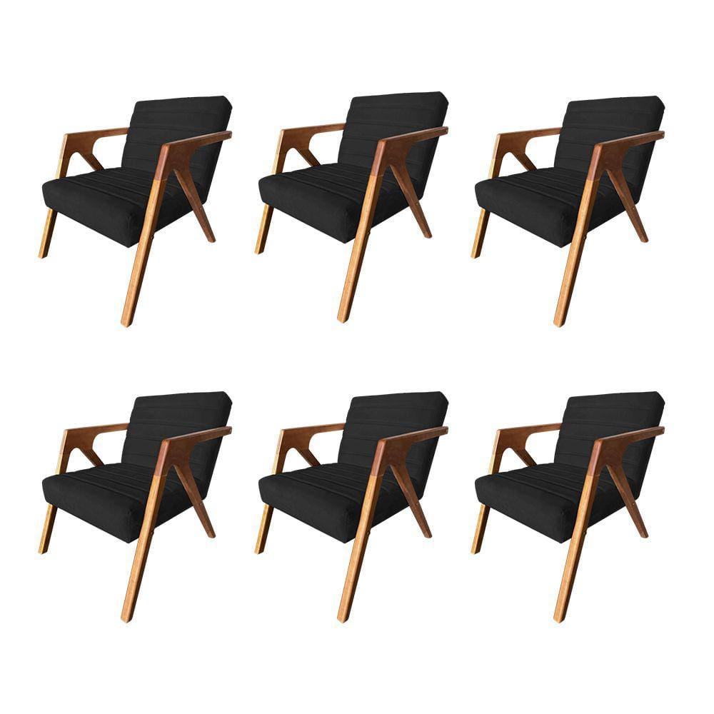 Kit 6 Poltronas Decorativa Ísis em Veludo Preto Base em Madeira Maciça