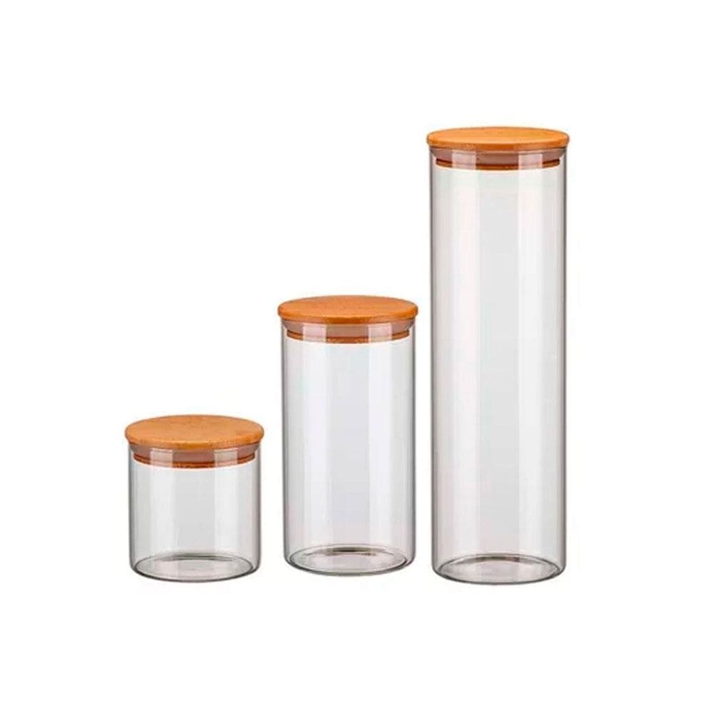 Kit 3 Potes Vidro Porta Condimentos Tampa Madeira Bambu