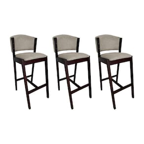 Kit 3 Banquetas Alta de Madeira Maciça Castanho Premium Ana com Encosto Linho Bege