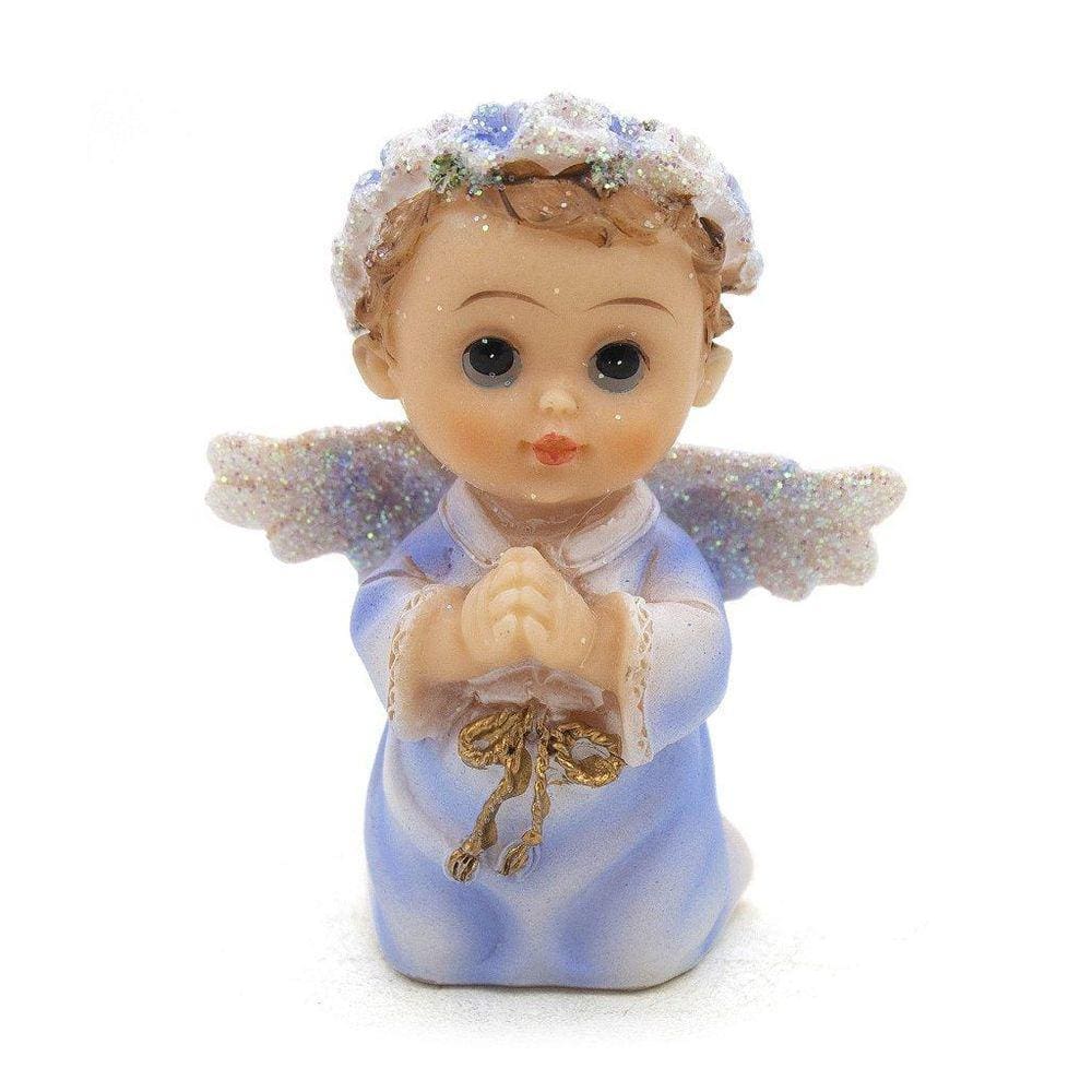 Imagem Anjo Da Guarda Ajoelhado Azul Importado Resina 9 Cm