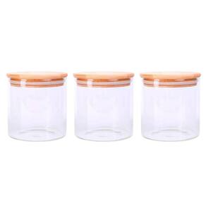 Conjunto 3 Potes Vidro 500Ml Tampa Madeira Bambu Porta