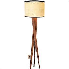 Luminária de Chão Paris com Pés de Madeira e Tela Indiana Borda Preto 158cm