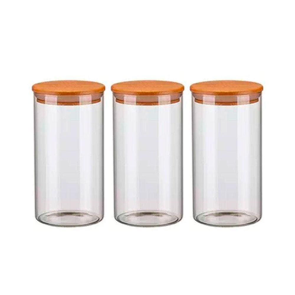 Kit 3 Potes Vidro Hermético 1300Ml Tampa Madeira Bambu Porta