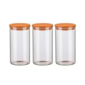 Kit 3 Potes Vidro Hermético 1300Ml Tampa Madeira Bambu Porta