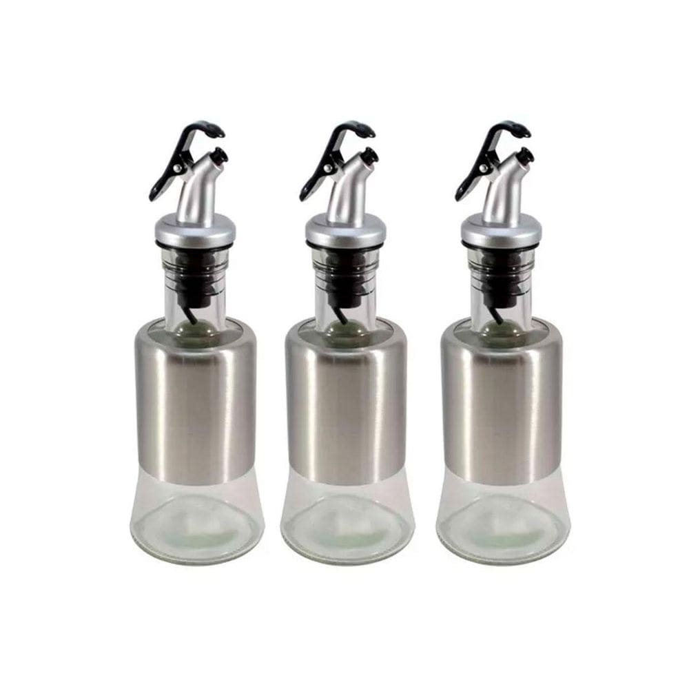 Kit 3 Azeiteiro Vinagreiro Recipiente Em Vidro E Inox Bico