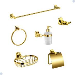 Kit Acessórios Para Banheiro Redondo Dourado Gold 6 Peças