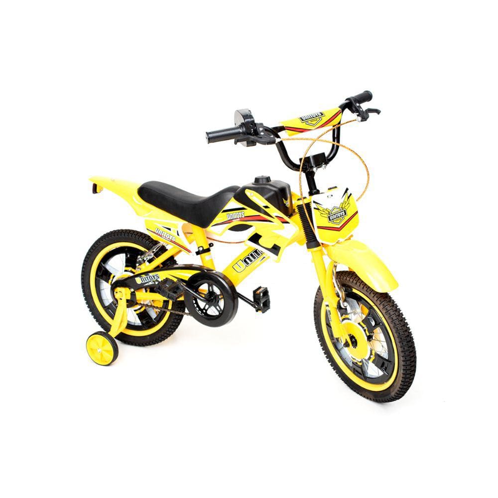 Bicicleta Infantil Unitoys Moto Cross Aro 16 Freios V-brakes Cor Amarela Com Rodas De Treinamento