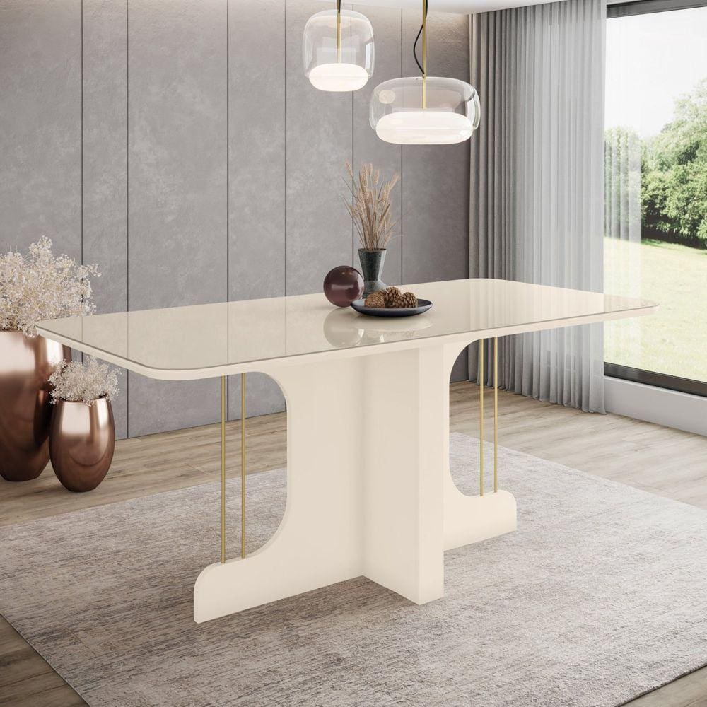 Mesa de Jantar para 6 Lugares 1,8m Tampo Mdf e Vidro Canto Arredondado Mavi Off White