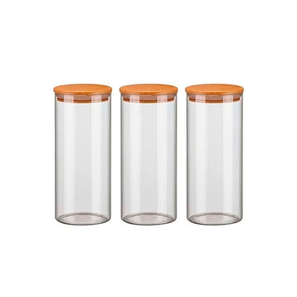 Kit 3 Potes Vidro 1500Ml Hermético Tampa Madeira Bambu Porta