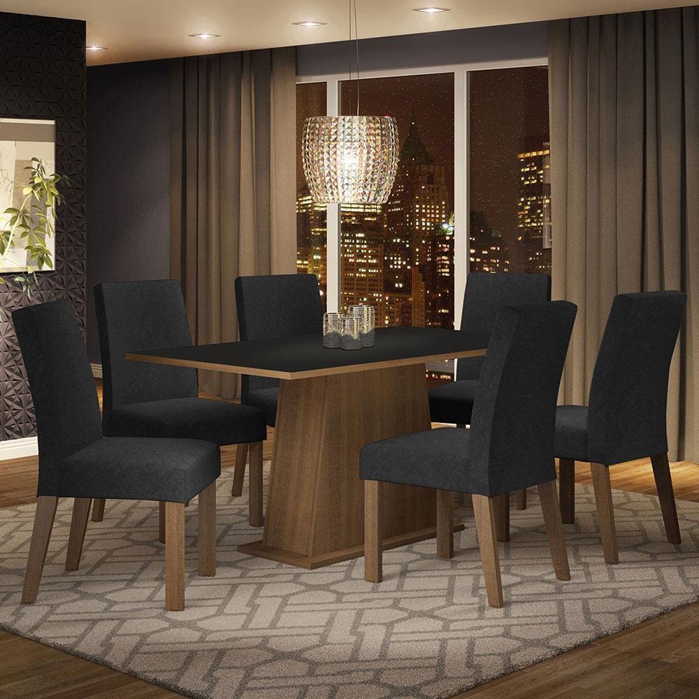Conjunto Sala de Jantar Mesa Tampo de Madeira 6 Cadeiras Rustic/Preto/Oxford Luciana Madesa