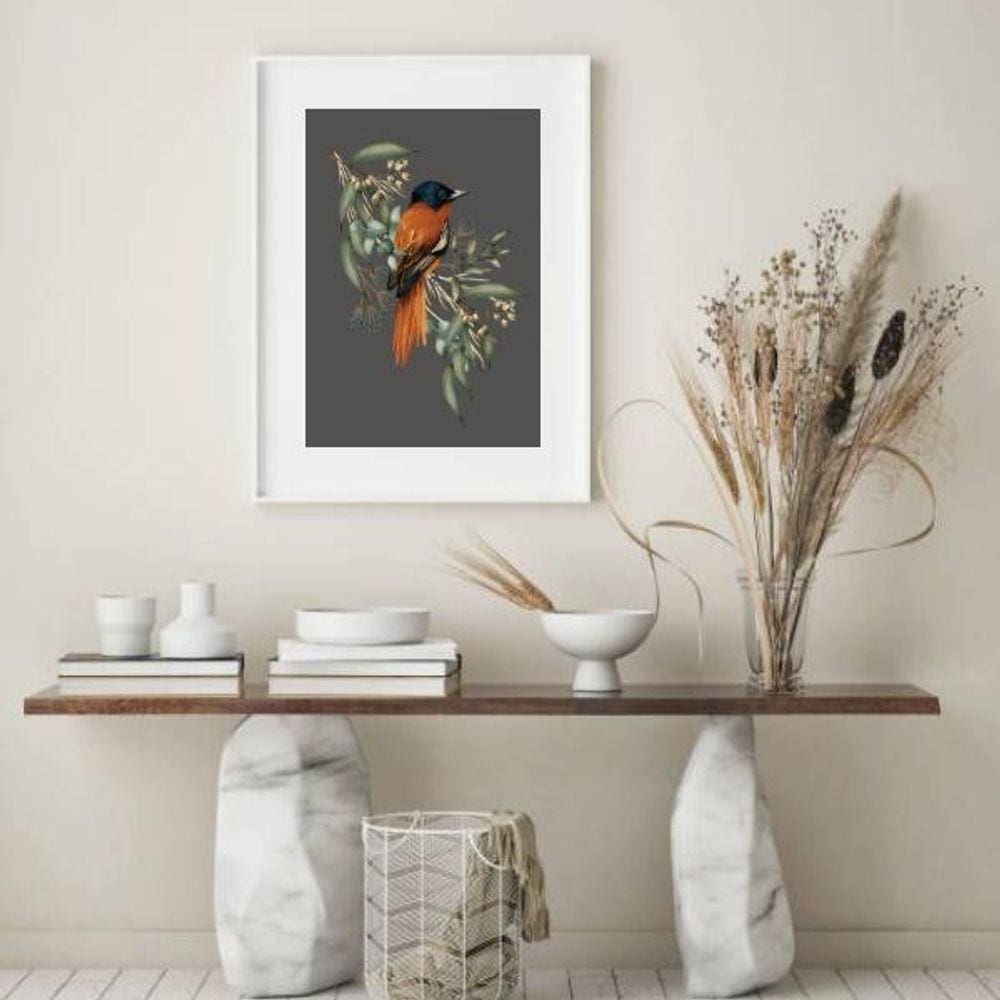 Quadro Passarinho Fundo Cinza - 60X48 Cm