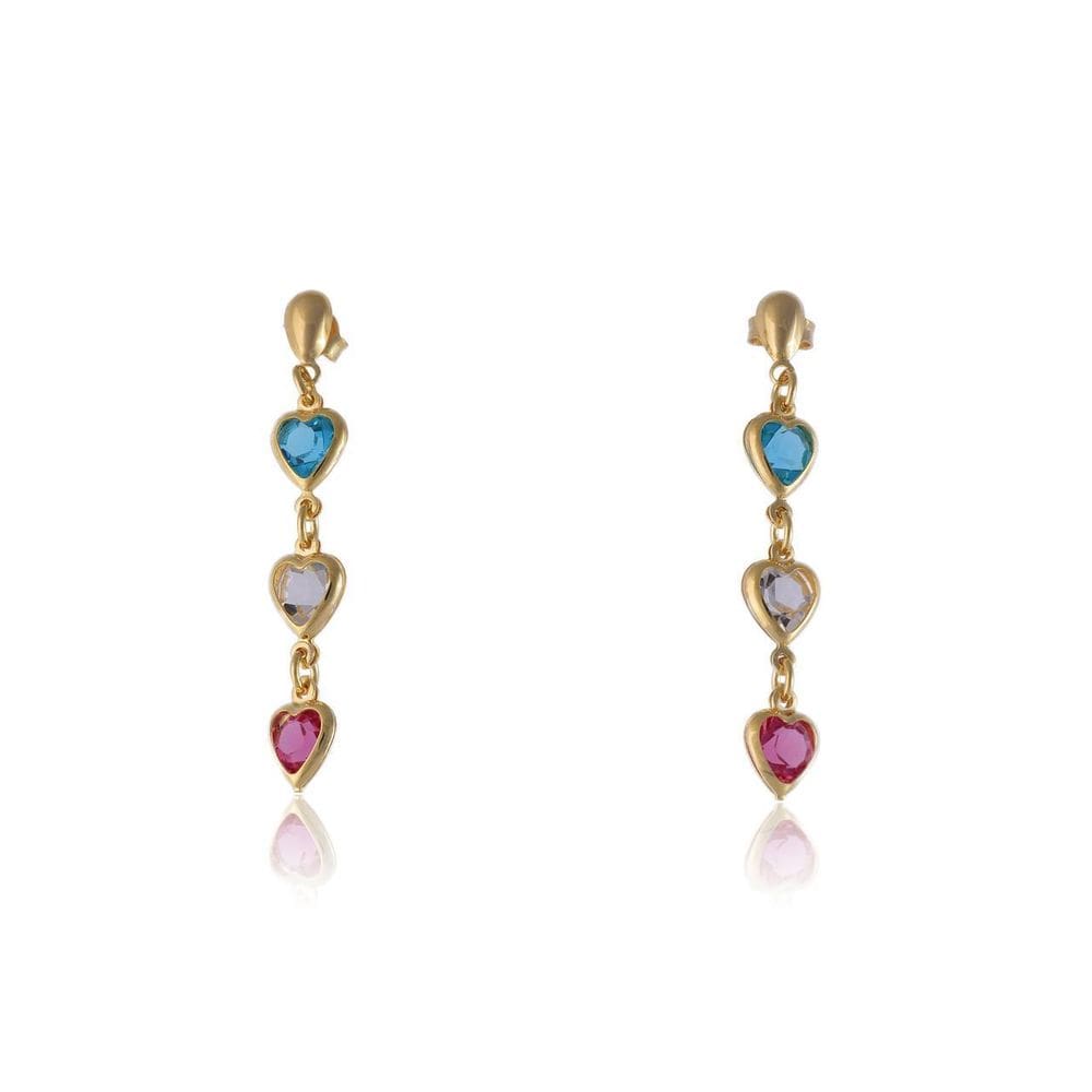 Brinco De Corações Com Pedras Coloridas Folheado Em Ouro 18K