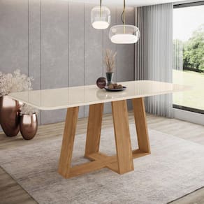 Mesa de Jantar para 8 Lugares 2m Tampo Mdf e Vidro Canto Arredondado Lins Marrom/Off White
