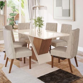 Conjunto Sala Jantar Letícia Mesa 160 Cm Canto Reto com Vidro 6 Cadeiras Espresso Móveis Marrom/ Off White