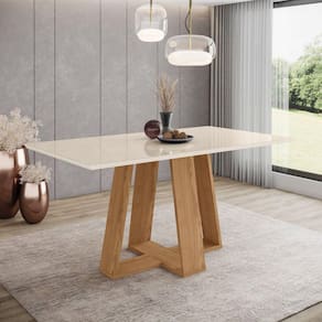 Mesa de Jantar para 6 Lugares 160cm Tampo Mdf e Vidro Canto Reto Lins Marrom/Off White