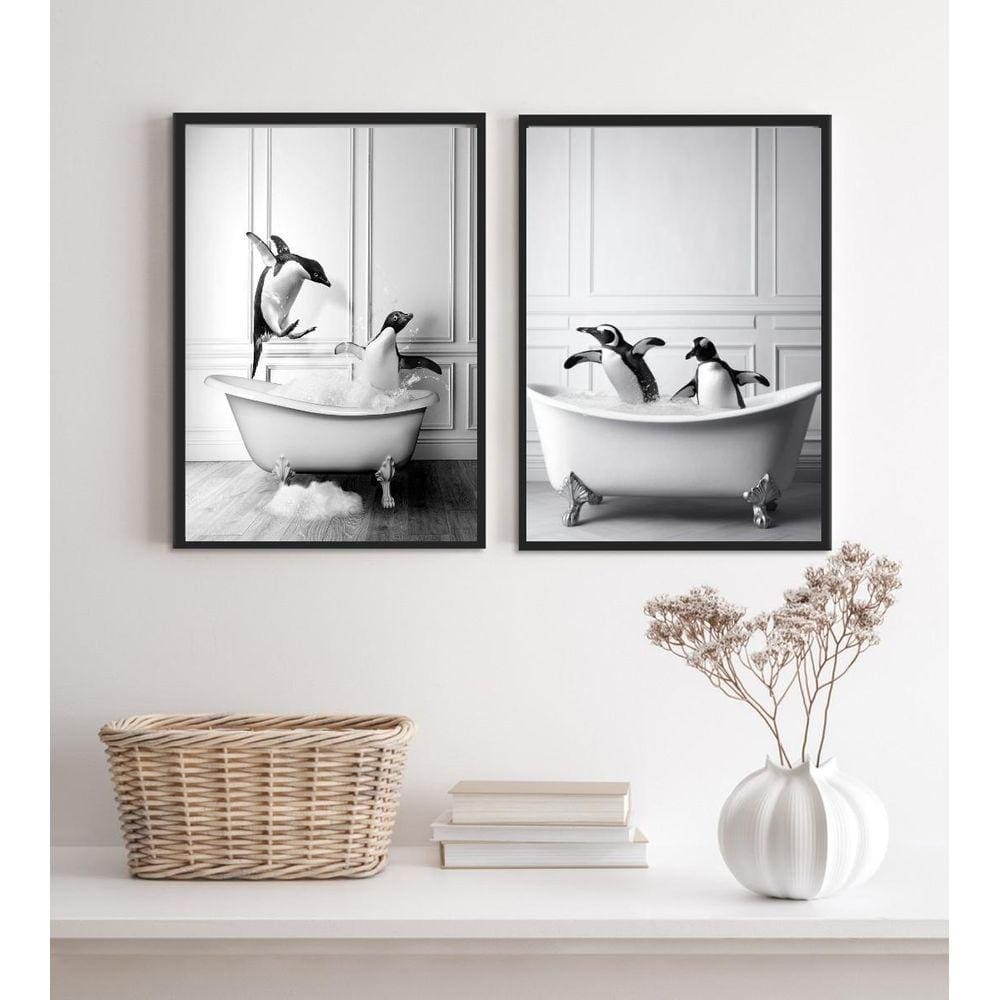 Kit 2 Quadros Decorar Banheiro- Pinguins 33X24Cm - Com Vidro