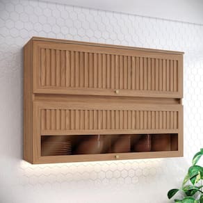 Armário Aéreo 2 Portas Basculante 120cm Ripado com Vidro Yasmin Espresso Móveis Marrom