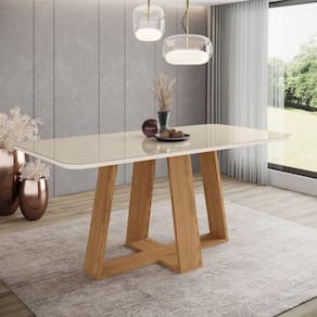 Mesa de Jantar para 6 Lugares 1,8m Tampo Mdf e Vidro Canto Arredondado Lins Marrom/Off White