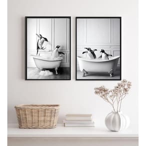 Kit 2 Quadros Decorar Banheiro- Pinguins 45X34Cm - Com Vidro