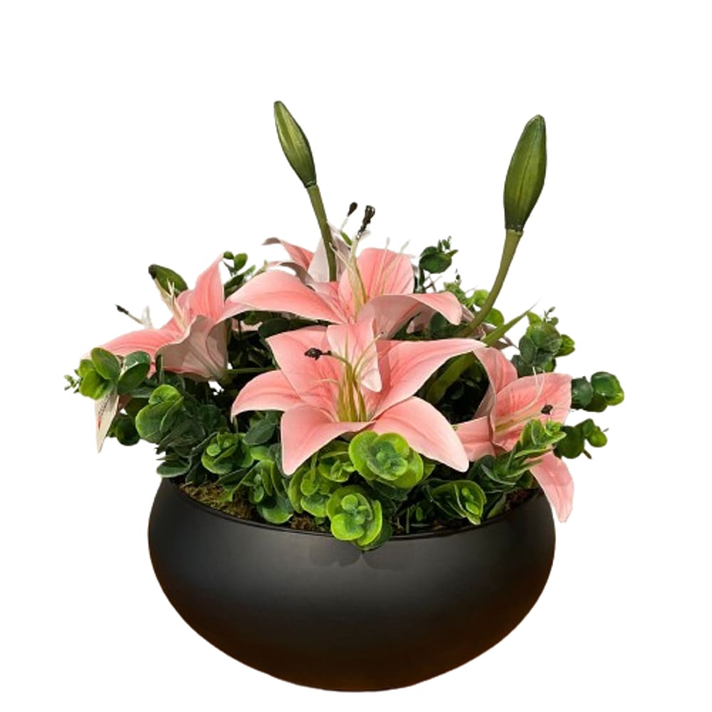 Arranjo Grande Centro de Mesa Lírio Rosa Artificial Vaso Preto
