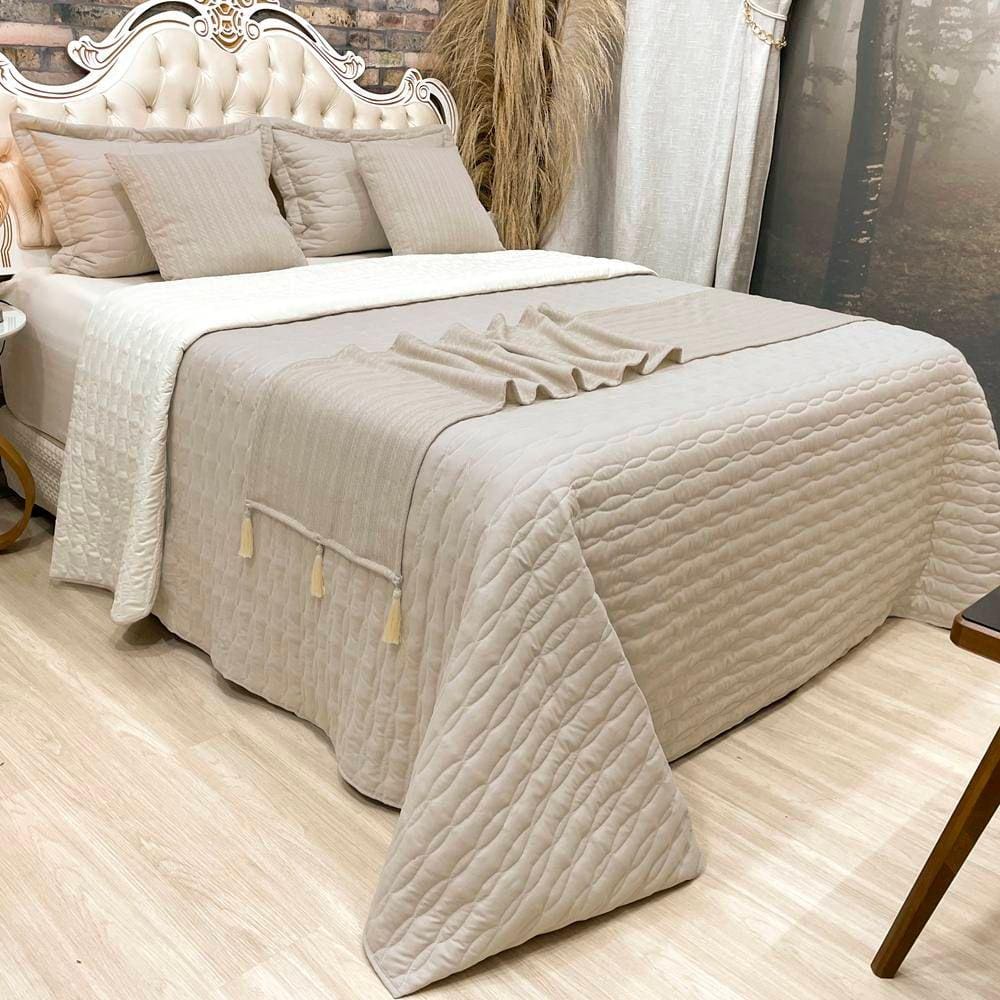 Cobre Leito Queen Decor Dupla Face com Almofadas e Xale 8 Peças - Bege