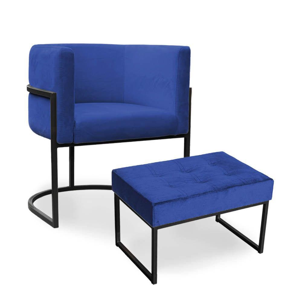 Kit Poltrona e Puff Luana Base Preto Veludo Azul Marinho - Montanaris Decor