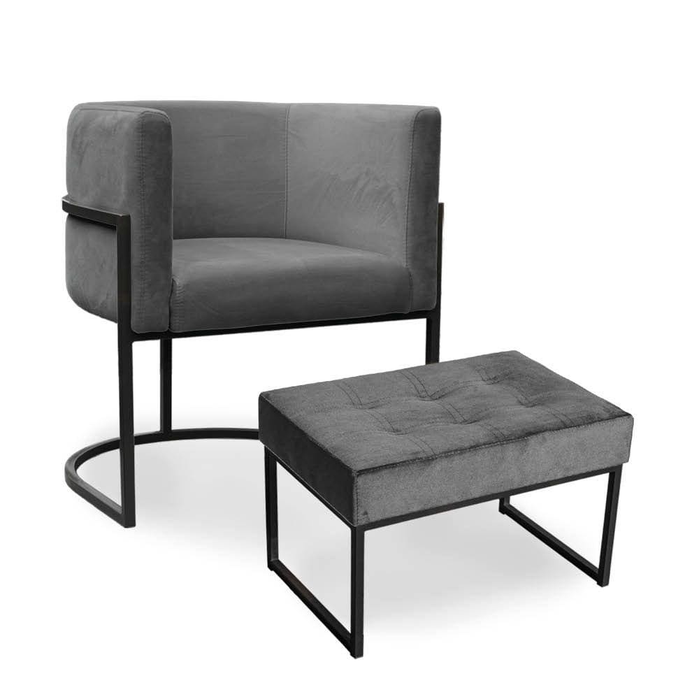 Kit Poltrona e Puff Luana Base Preto Veludo Cinza - Montanaris Decor