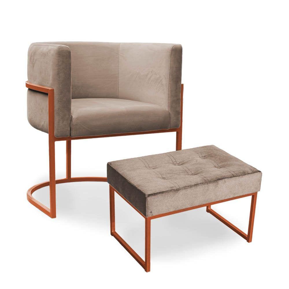Kit Poltrona e Puff Luana Base Bronze Veludo Cappuccino - Montanaris Decor