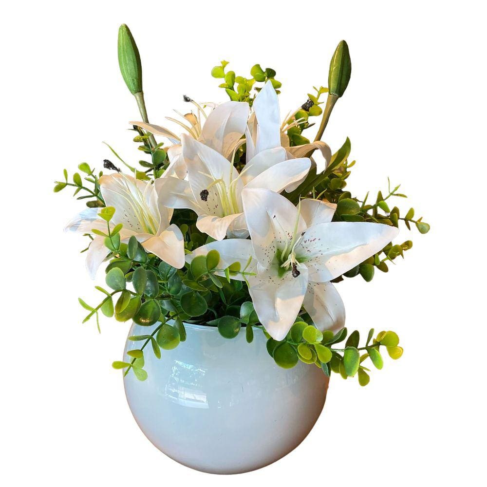 Arranjo Centro de Mesa Lírio Branco Completo Artificial Vaso Branco