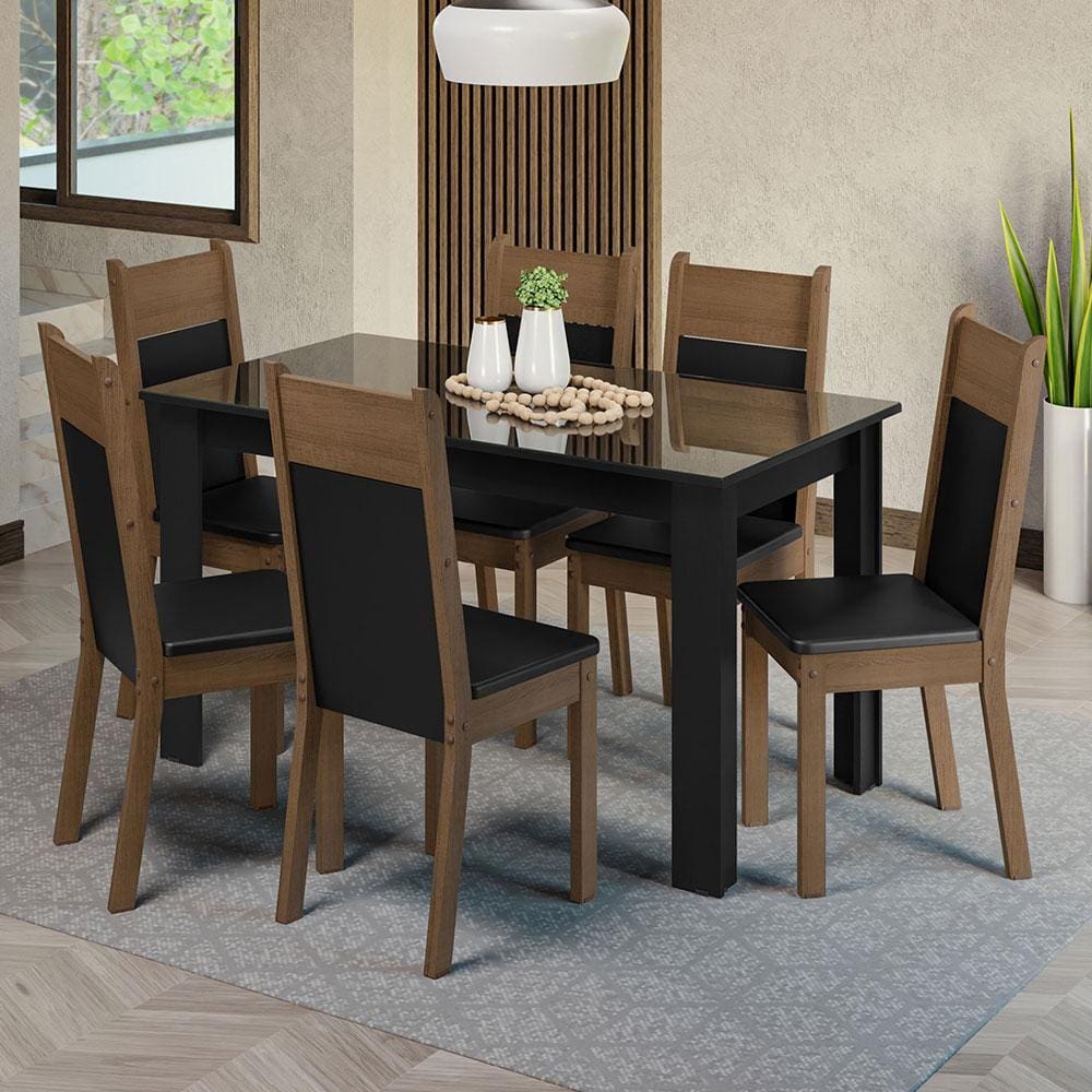 Conjunto Sala de Jantar Mesa Tampo de Vidro 6 Cadeiras Preto/Rustic Dora Madesa