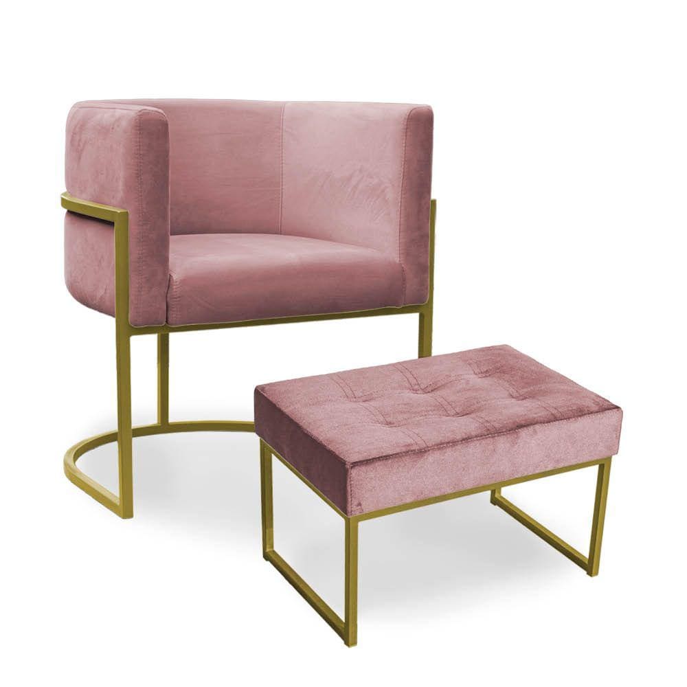 Kit Poltrona e Puff Luana Base Gold Veludo Rosê - Montanaris Decor
