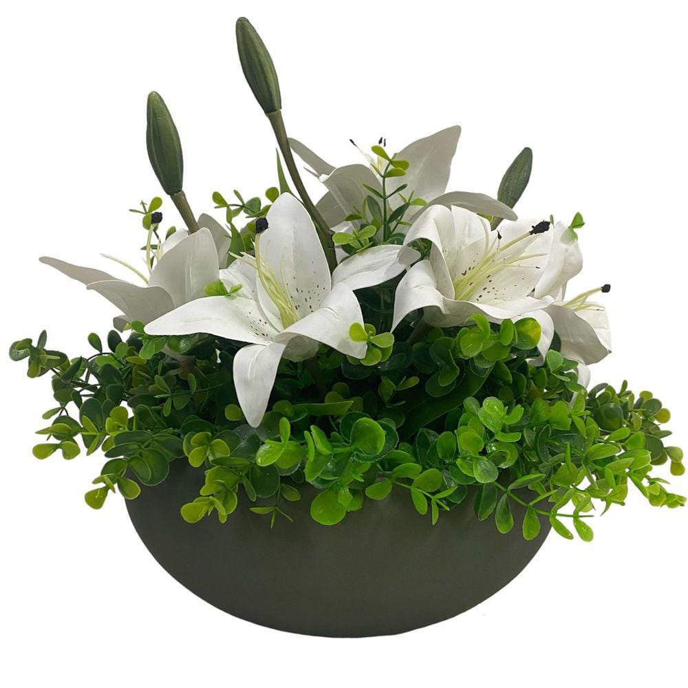 Arranjo Grande Centro Mesa Lírio Branco Artificial Vaso Verde Musgo