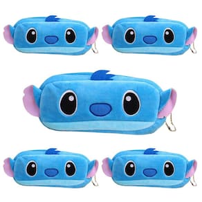Kit 05 Estojo Escolar Fofo Stitch Pelúcia Porta Lápis Canetas