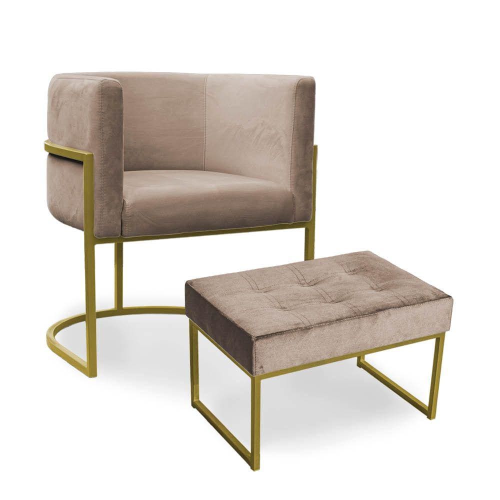 Kit Poltrona e Puff Luana Base Gold Veludo Cappuccino - Montanaris Decor