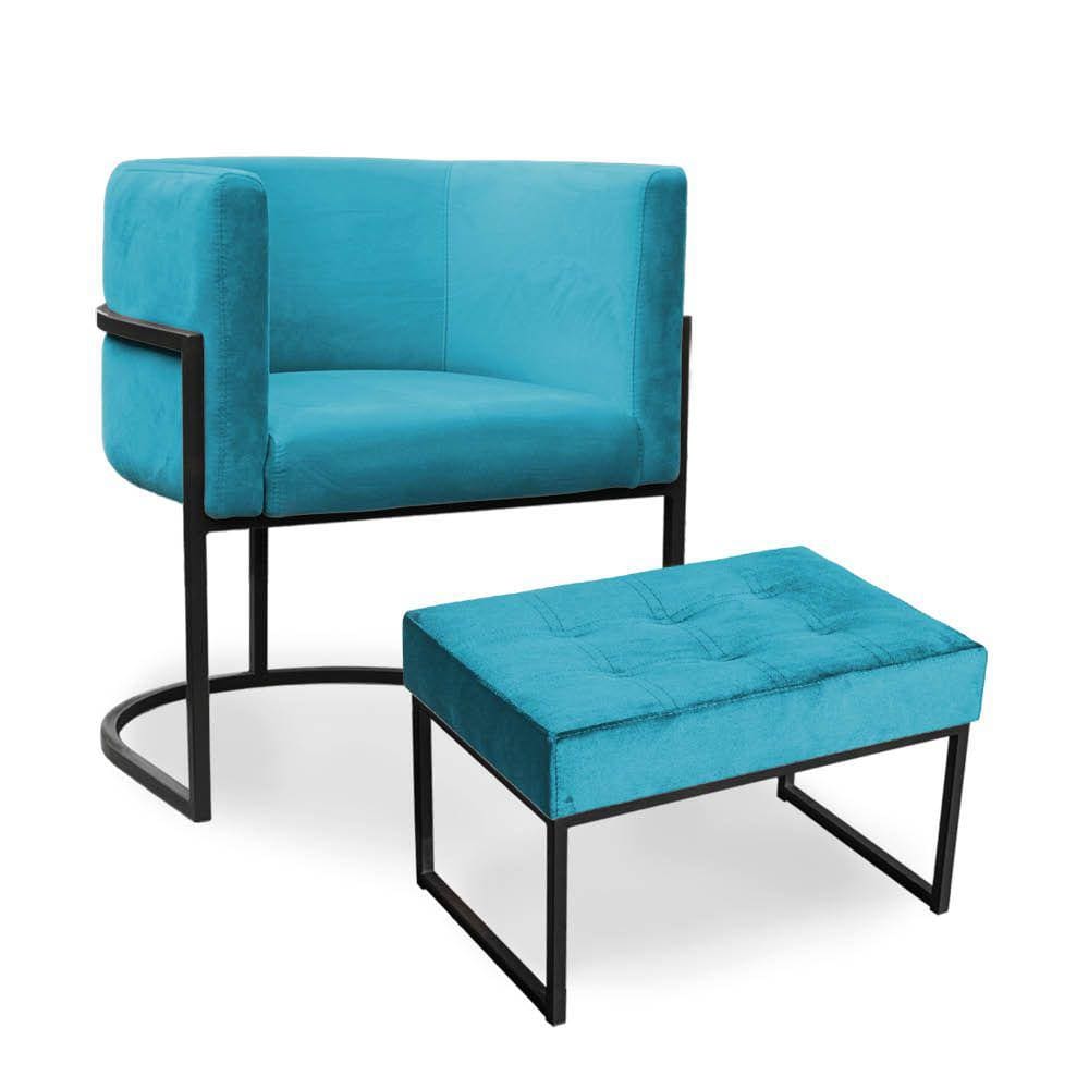 Kit Poltrona e Puff Luana Base Preto Veludo Azul Turquesa - Montanaris Decor