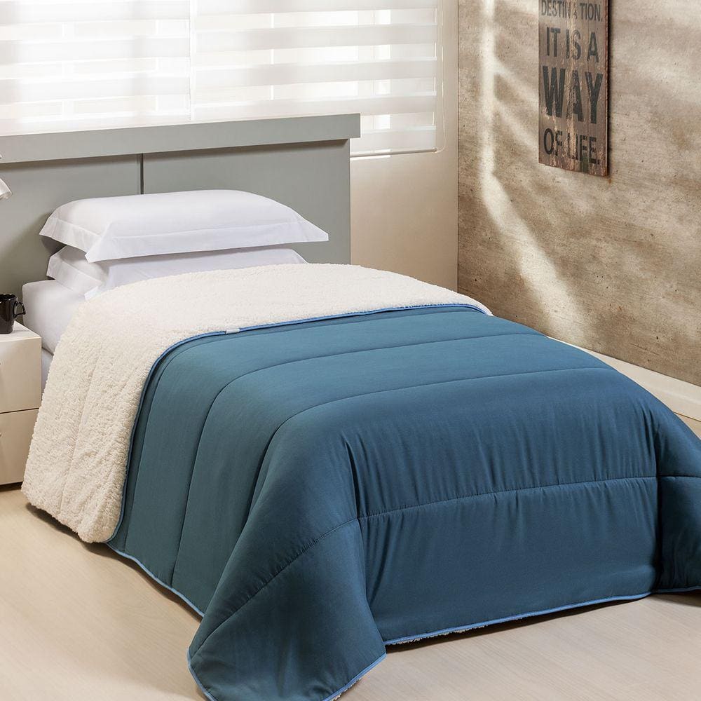 Edredom Solteiro Coberdrom Flupy Percal/Sherpa 1 Peça - Azul