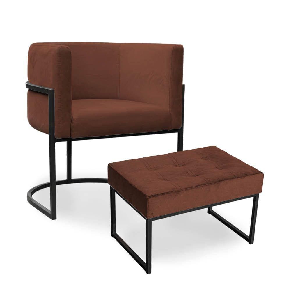 Kit Poltrona e Puff Luana Base Preto Veludo Marrom - Montanaris Decor