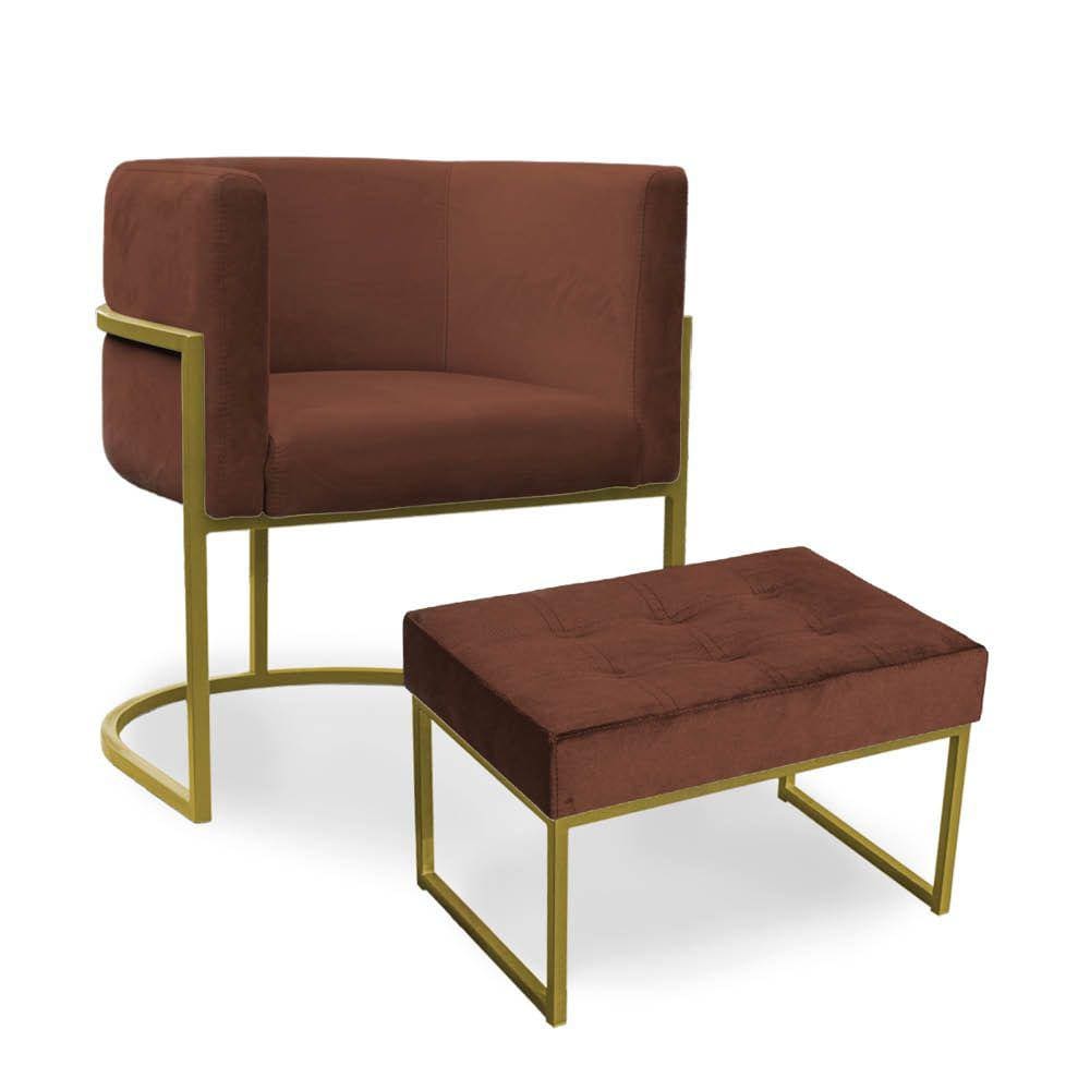 Kit Poltrona e Puff Luana Base Gold Veludo Marrom - Montanaris Decor