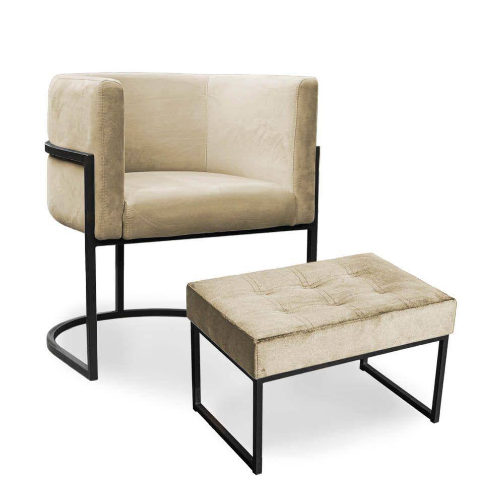 Kit Poltrona e Puff Luana Base Preto Veludo Bege - Montanaris Decor