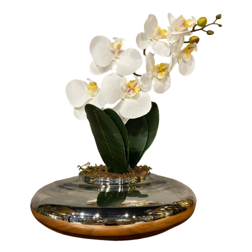 Arranjo Centro de Mesa Orquídea Branca Artificial Vaso Espelhado