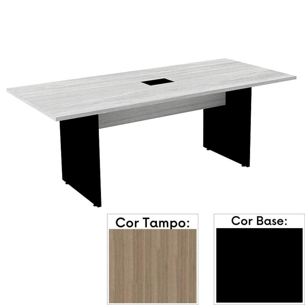 Mesa de Reunião com Caixa de Tomada 200 x 90 cm Pé Painel PE25 em MDP Noce Naturalle e Base Preta