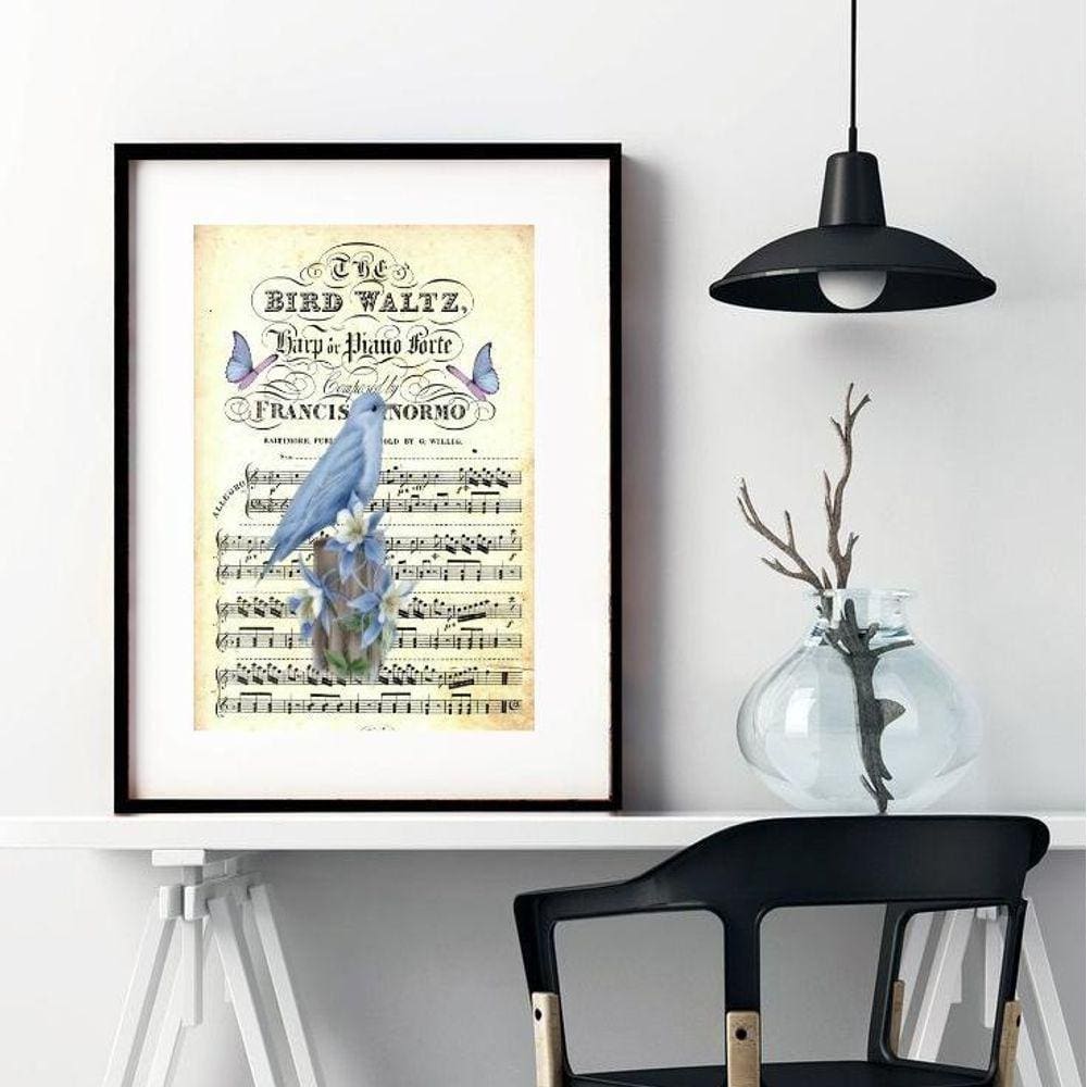 Quadro Passarinho Vintage Azul - 60X48Cm