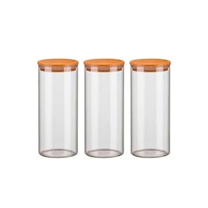 Kit 3 Potes de Vidro 1500ml Hermético Com Tampa de Madeira Bambu Porta Condimentos