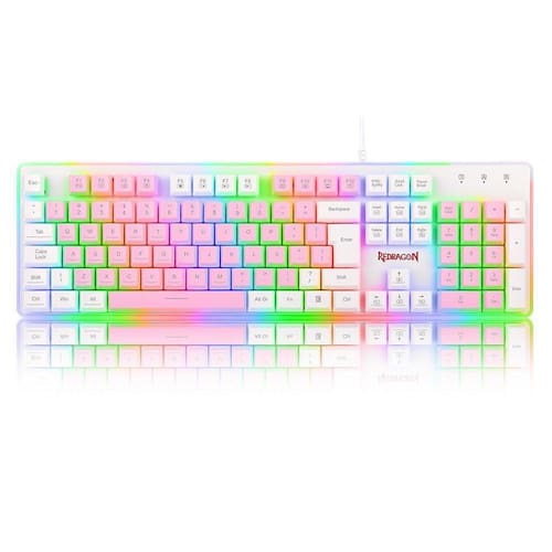 imagem-Teclado Gamer Membrana Redragon Rgb Dyaus 2 Rosa Com Branco