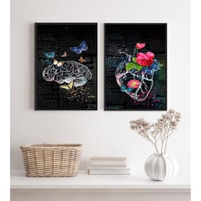 Kit 2 Quadros Cérebro Coração- Flores E Borboletas 45X34Cm