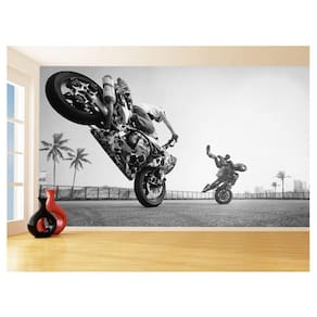 Papel De Parede 3D Moto Grau Empinando Manobra 3,5M Bkm40