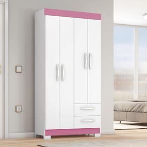 Guarda-Roupa Solteiro 4 Portas 2 Gavetas Belize Notável Branco/Rosa