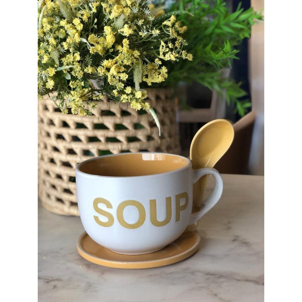 Caneca Ceramica Sopa Br/Amarelo Colher 470 Ml