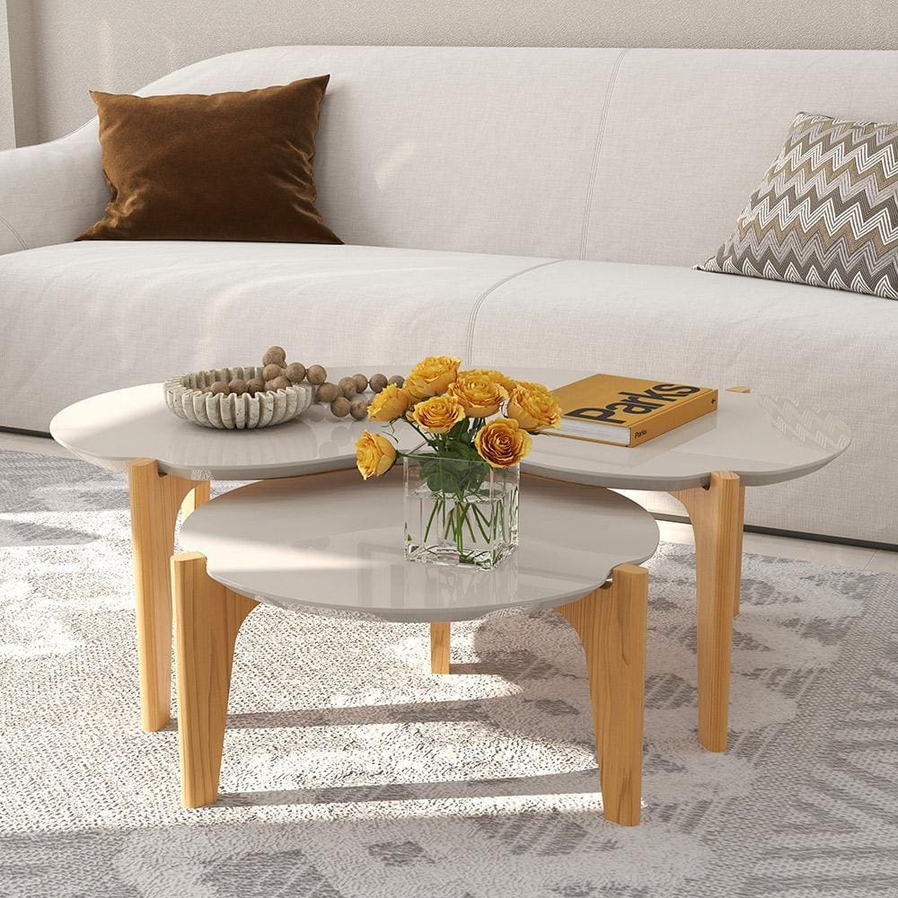 Conjunto 2 Mesas de Centro Sala de Estar Flórida Off White/Freijó - Lukaliam Móveis